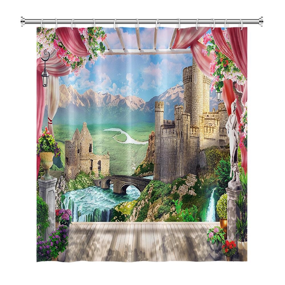 Venkovská krajina Sprchové závěsy Potok Kámen Lotos Buddha Koupelnový závěs Přírodní scenérie Vodotěsná Koupelna Domácí dekorace s háčky