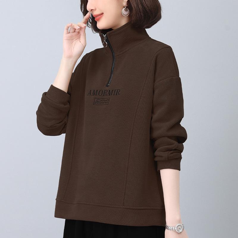 Women's High Neck Fleece Sweatshirt, Turn-Down Collar, 2024 Autumn/Winter, Petite, Thick Zip-Up Top for Moms