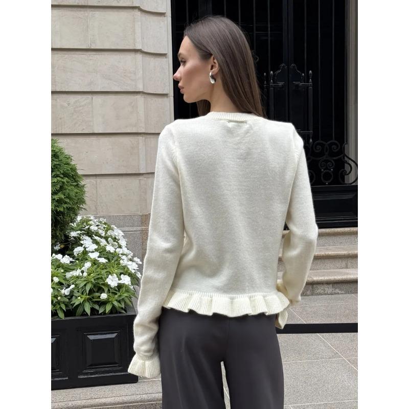 Women S Long Sleeve Ruffled Knit Cardigan Solid Color Casual Sweater
