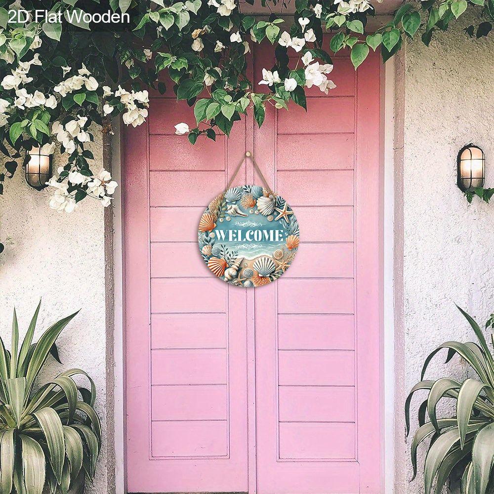 Welcome Seashell Coastal Round Wooden Hanging Sign, 2D Flat Wooden Nautical Front Door Decor