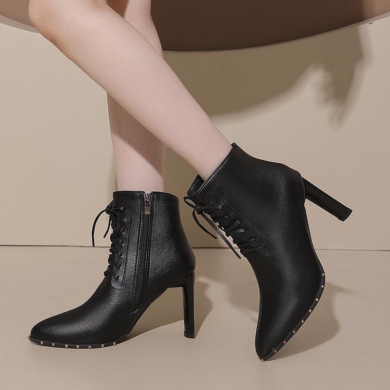 Fashion Naked Boots Winter New Pointed Toe Front Lace-Up Side Zipper Anti-Slip Wear-Resistant High Heels