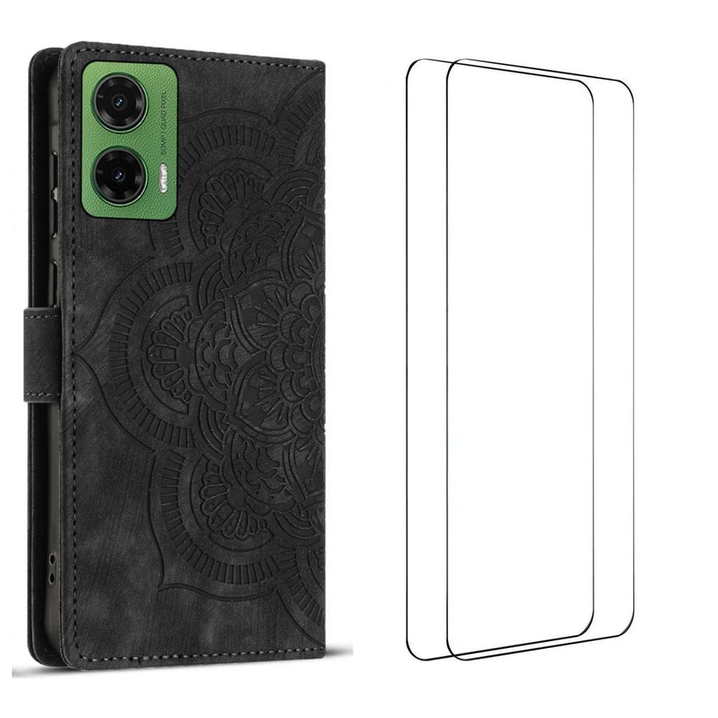 For Motorola Moto G35 5G Case with 2Pcs Tempered Glass WANLONFENG MTL Series Mandala Leather Phone Cover