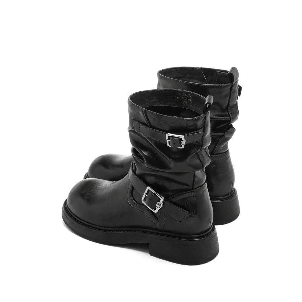 Retro old western short boots women's new thick-soled thick heel belt buckle stacked boots British style round head Martin boots women