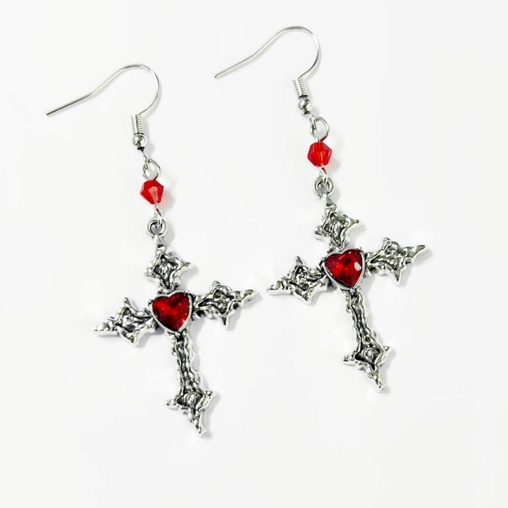 Gothic Punk Silver Color Liquid Metal Cross Red Heart Rhinestone Dangle Earrings for Women Hallowmas Party Hip Hop Jewelry Gifts