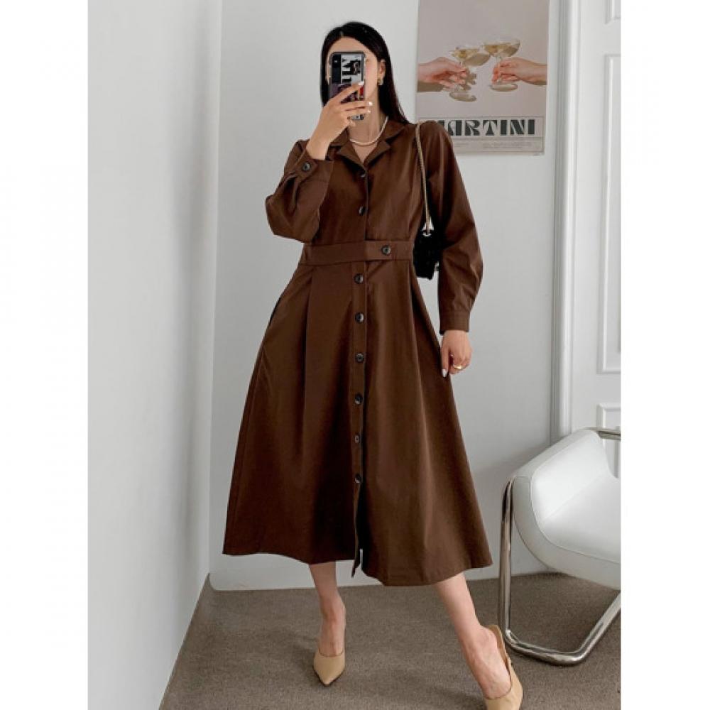 Shop Women Flare Pleated Collar Neck Button Open Long Dress Deep Green Cat Wdr
