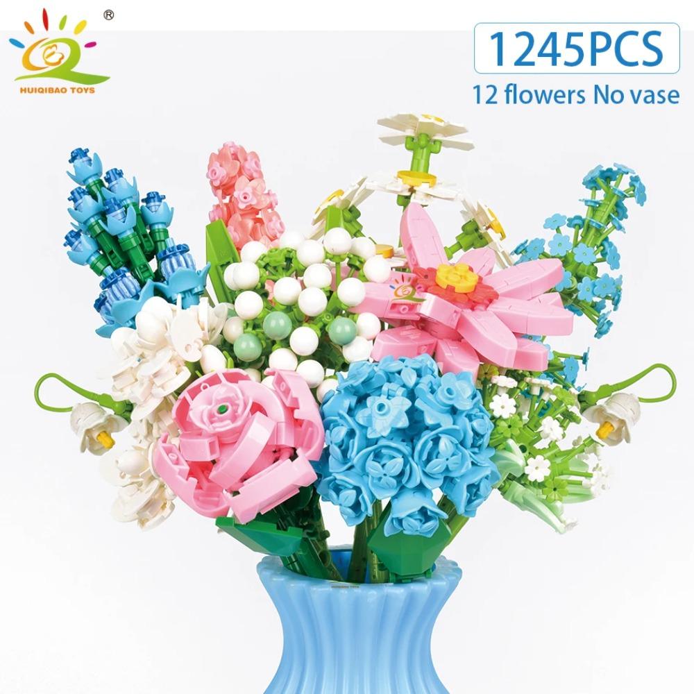

HUIQIBAO MOC Flower Model Building Blocks 3D Bouquet Plants Sunflower Rose Bricks Kits Children DIY Educational Toys Home Decor