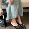 Niche design 2025 spring new metal triangular buckle pointed half slippers women's pleated soft leather bag head high heels
