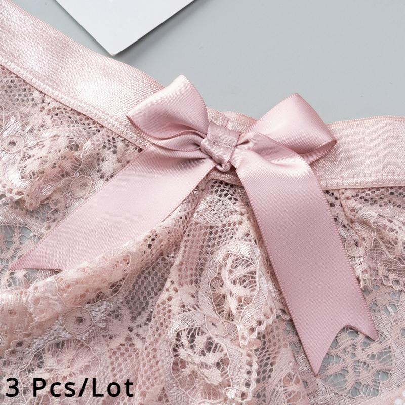 3 Pcs/Lot Women's Lace Bow Thongs Sexy Low Waist Panties Underpants