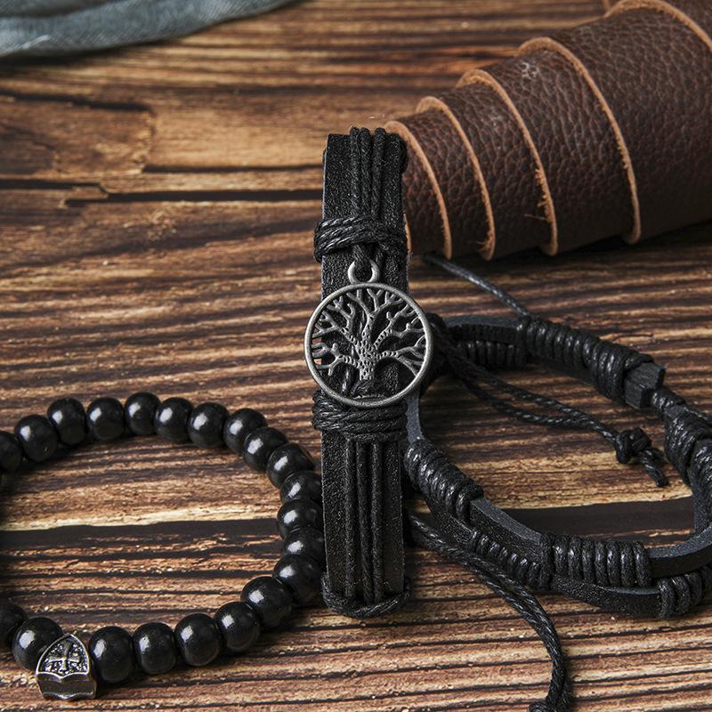 Cross-border E-commerce Exclusive Vintage Multi-layer Braided Strands Men's Cowhide Genuine Leather Alloy Tree Life Bracelet