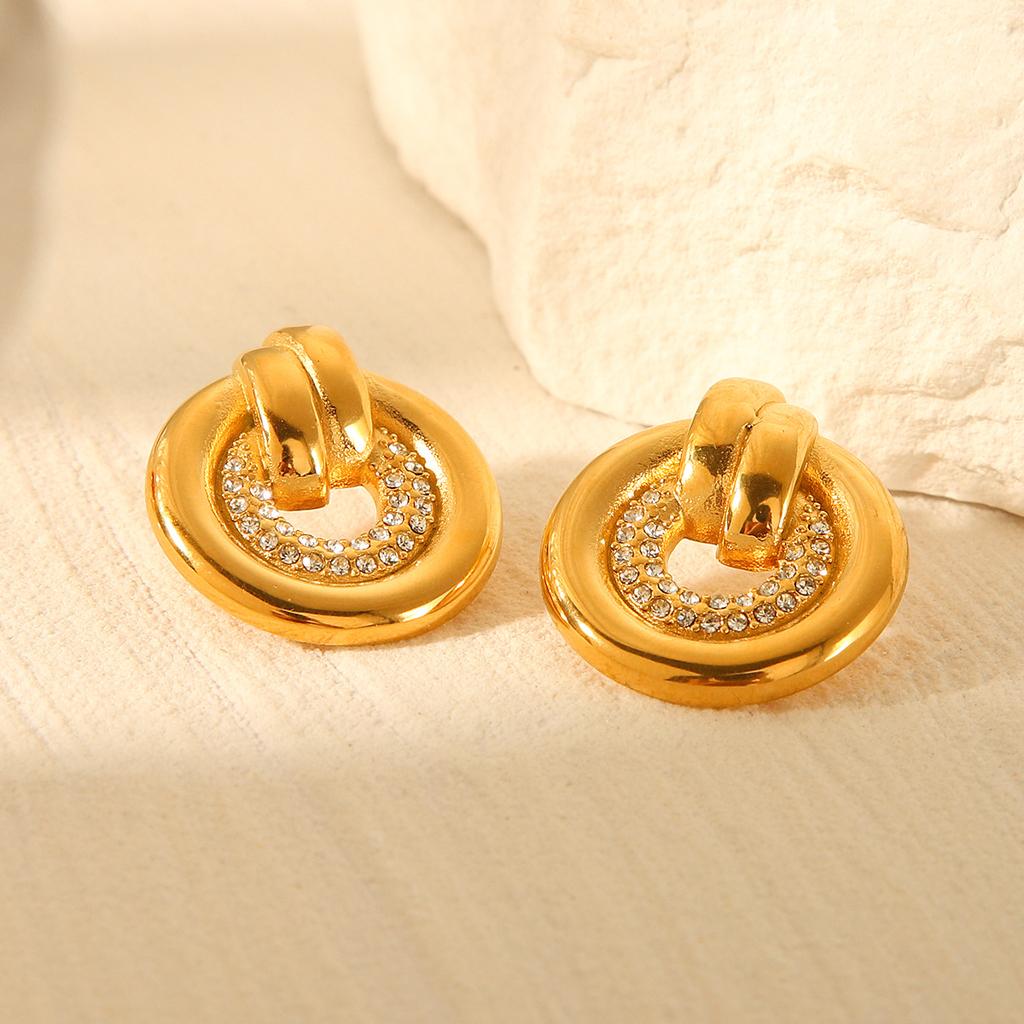 18k Gold Plated Earrings, Stylish Women's Ins Fashion Versatile Diamond-studded Earrings, Titanium Steel Round Jewelry