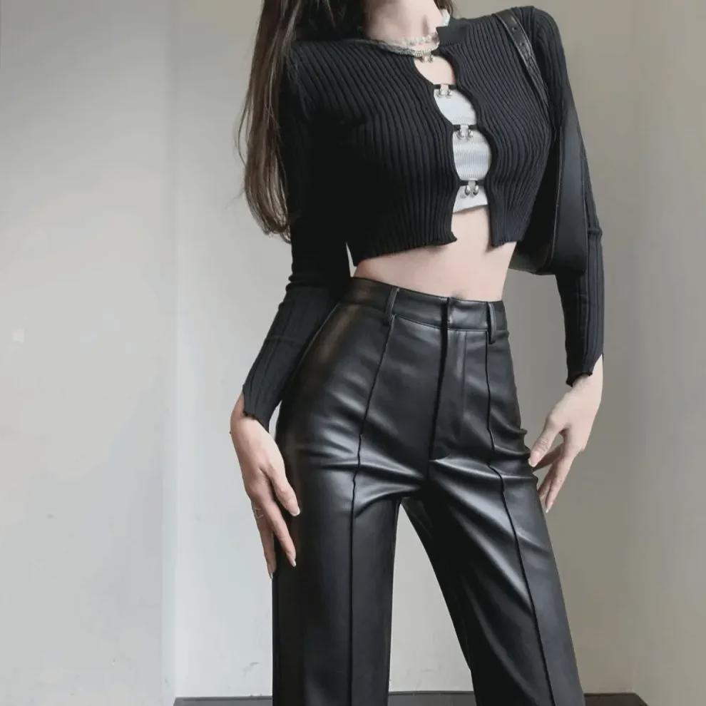 2023 Women's High-Waisted Black Leather Pants - Slim, Straight, Wide-Leg with High-Grade Drape.