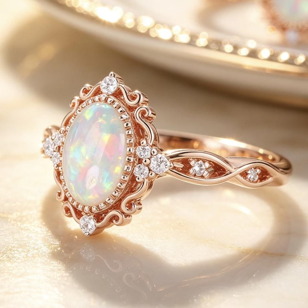 Colorful Elegant White Oval Opal Rings for Women Classic Dainty Party Rose Gold Tone Fashion Jewelry Accessories