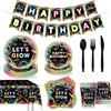 Neon Disco Party Tableware Set: Colorful 5-Piece for Birthdays