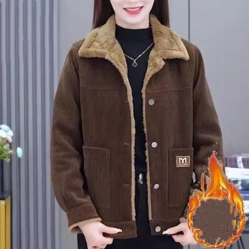 

Жіноче осінньо-зимове потовщене вельветове коротке пальто, тепле, приталене, з довгим рукавом, вільна зручна куртка 2XL