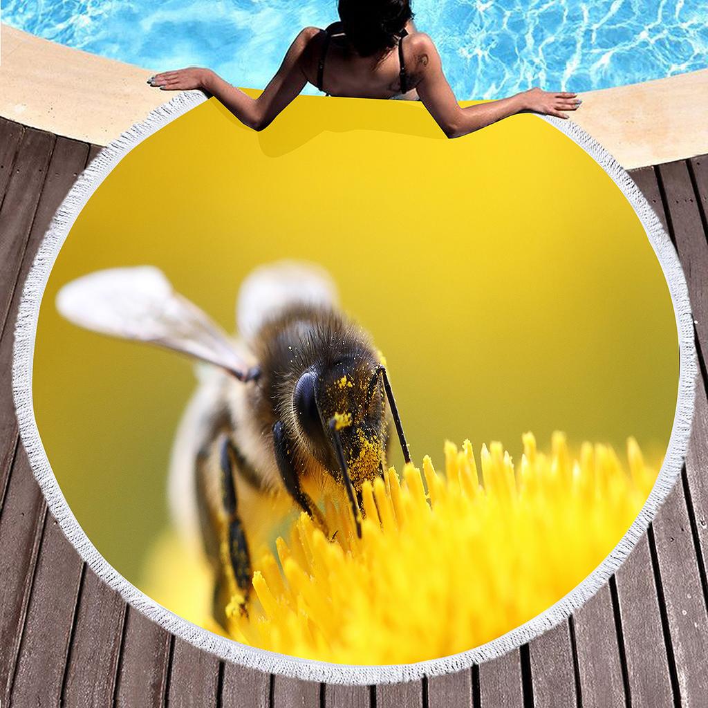 Yellow Bee Round Beach Towel Microfiber Quick Dry Lightweight Cartoon Animal Beach Blanket Throw Roundie Swim Pool Circle Towel