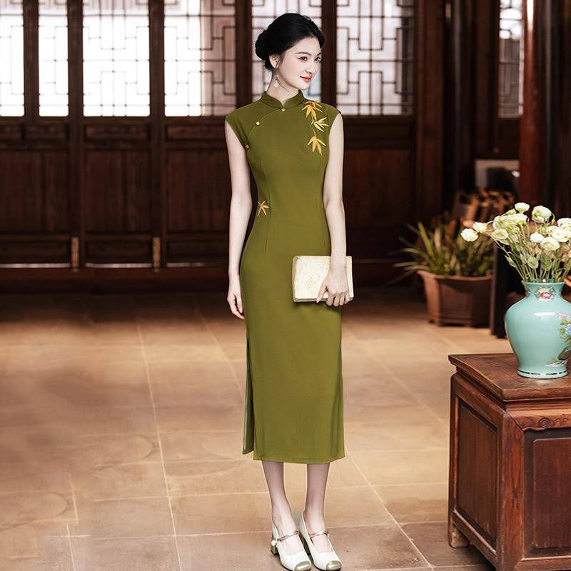 Elegant Sleeveless Long Cheongsam Dress In Green Black Knit Linen Vintage Chinese Style Modernized Women Small