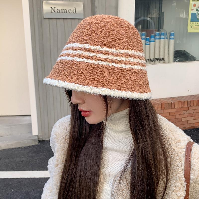 Striped Hat Women's Autumn and Winter Warm Imitation Lamb Wool Bucket Hat Outdoor Winter Show Small Basin Hat Thick
