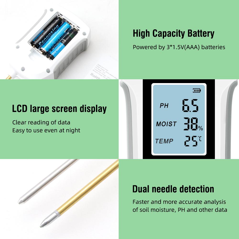 Yieryi Soil PH Meter LCD Digital PH Moisture Temp Tester Dual Needle Acidity Detector for Hydroponics Potted Plants Garden Farm