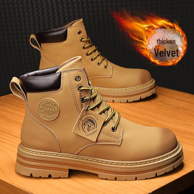 

Модные мужские ботинки Martin желтого цвета с высоким берцем — нескользящие, с хлопковой подкладкой для осени и зимы. 41