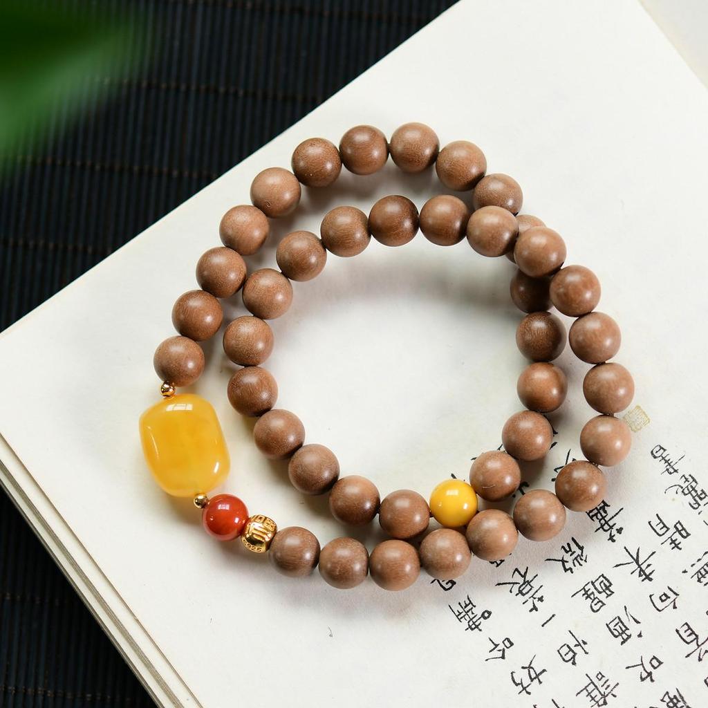 Altes Berg-Sandelholz & Bernstein Doppel-Schleifen Armband mit rotem Achat und 925er Silberperlen