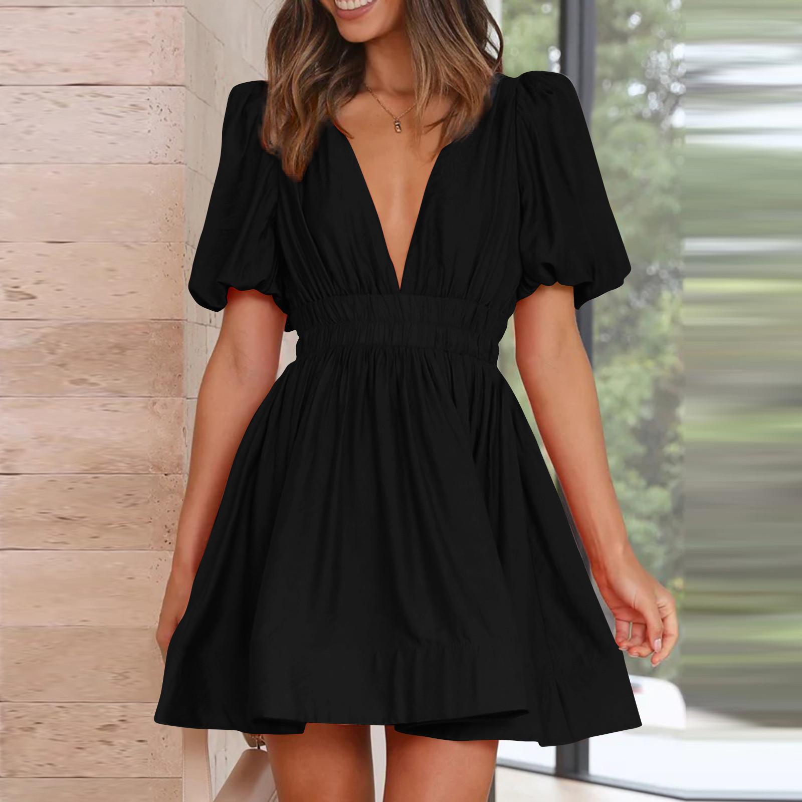 

Женское повседневное платье с v-образным вырезом, летнее свободное платье с высокой талией и глубоким V-образным вырезом на талии, плиссированное платье с пышными рукавами, милая юбка со складками XL чёрный