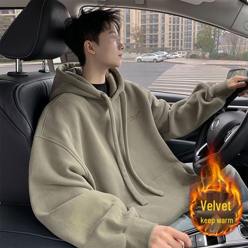 Men's American Retro Vintage Fleece-Lined Hooded Sweatshirt - Spring/Autumn Trendy Loose Fit Hoodie Jacket