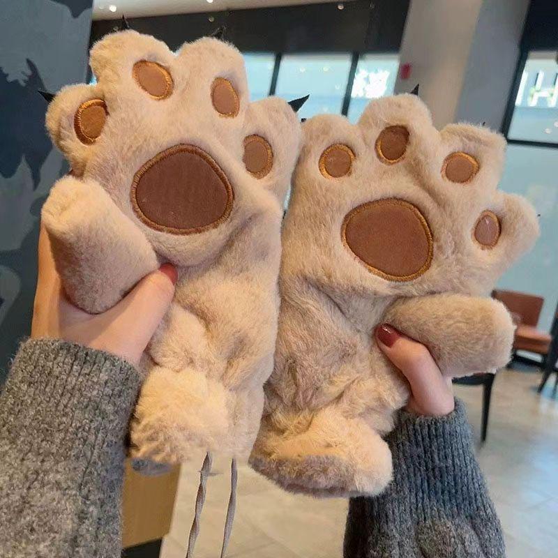 

Мультяшные плюшевые перчатки в виде медвежьих и кошачьих лапок для женщин - Милые, на флисовой подкладке, Защищающие от холода и Модные зимние аксессуары для велоспорта хаки