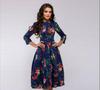 European & American Autumn/Winter Women's Retro Floral A-line Dress with 3/4 Sleeves & Round Neck