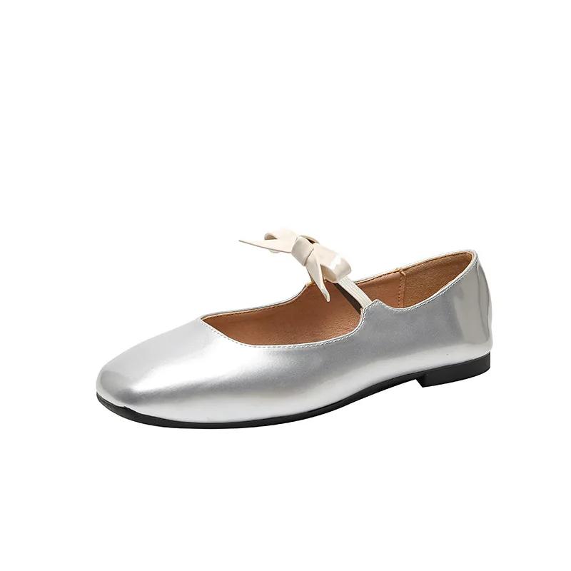 

Туфли на плоской подошве, женская мода, плоские одинарные туфли, женские, новые, весна-осень, французские ретро-балетки с бантом, красные туфли Мэри Джейн 44 серебряный