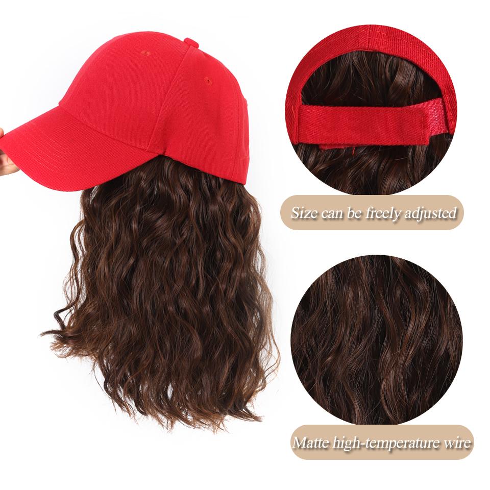 Red Baseball Hat Synthetic Hair Extensions Short Water Ripple Hairstyle Adjustable Cap Wig Heat Resistant for Women Daily Use