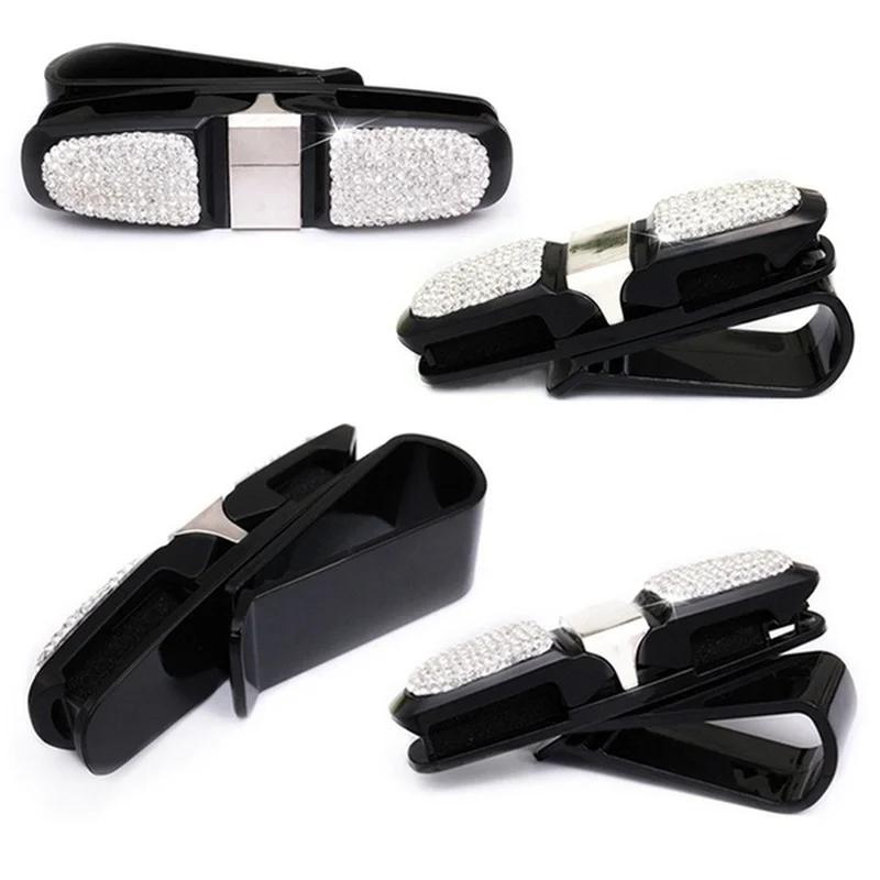 New Car Glasses Holder for Visor Bling Crystal Rhinestones Sun with Double-Ended Ticket Clip Accessories. White