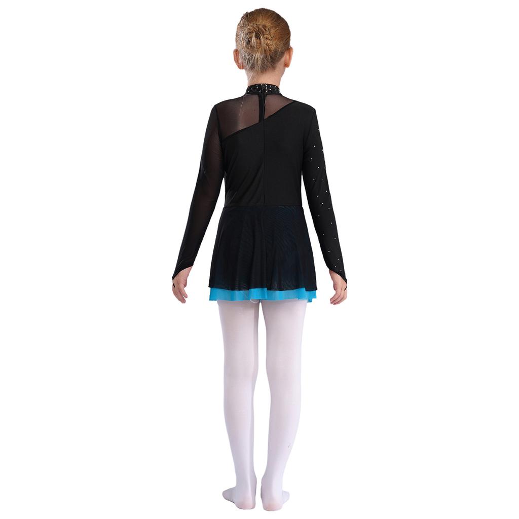 Girls Figure Skating Dress with Sparkly Rhinestones Sheer Mesh Patchwork Long Sleeve for Dance Performance