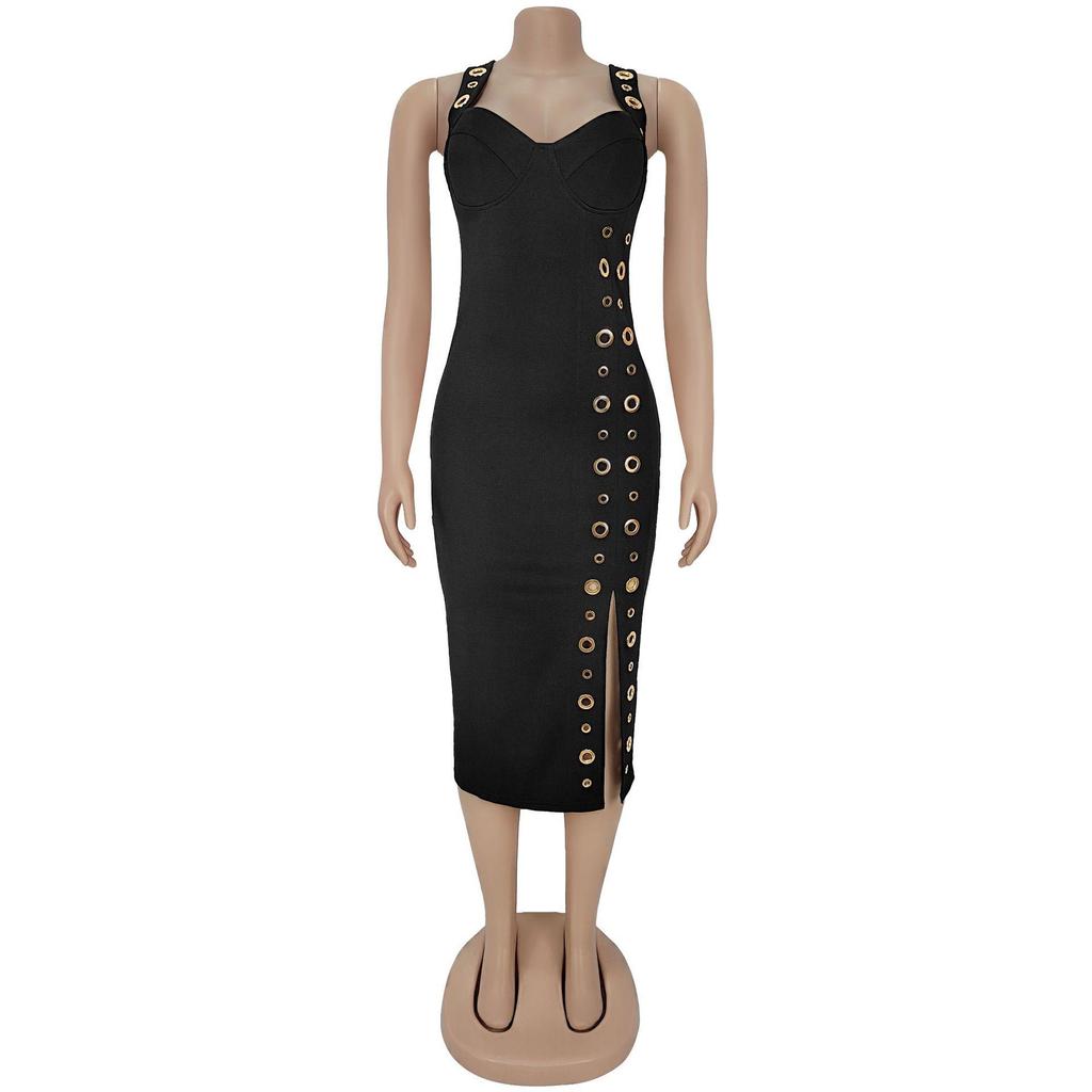 C7322 Elegant Slim-Fit Women's Dress with Button Decoration