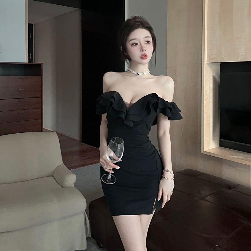 Fashion sexy tube top dress solid color slim-fitting waist halter ruffle edge hip skirt summer new women