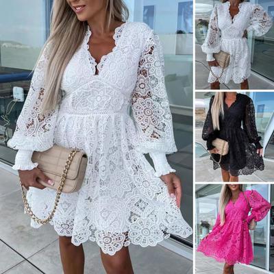 2024 Women Fall Dress Lace Hollow Out A-line Loose Hem V Neck Long Sleeve Solid Lady Knee Length Midi Dress