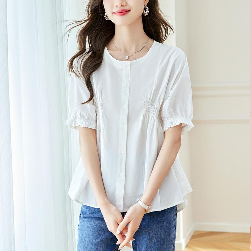 Asymmetric Pleated Short-sleeved Shirt for Summer New Design Niche Loose Round Neck Top