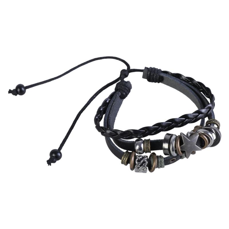 Multi Layer Leather Bracelet Adjustable Star Beaded Bangle for Women Men