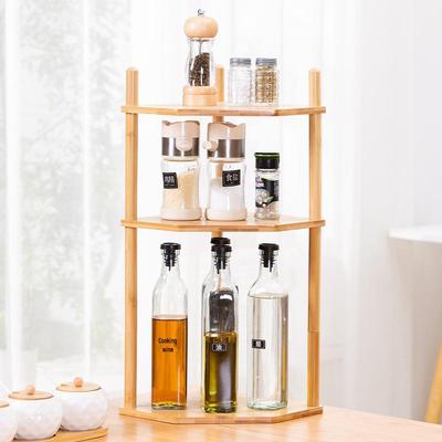 Bamboo Kitchen Corner Shelf: Multifunctional Triangular Spice Rack for Countertop and Desktop Storage.
