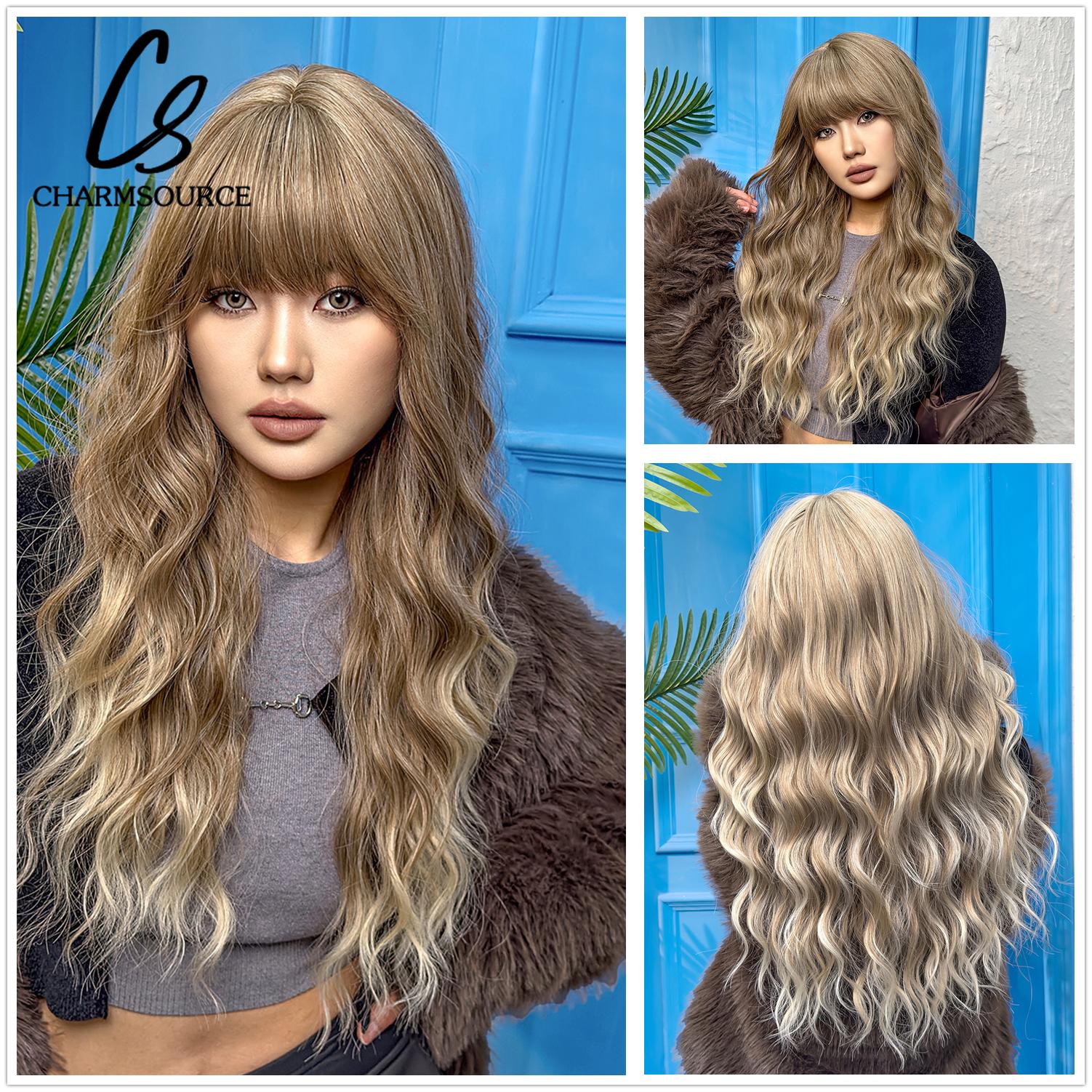 

Блондинка Єдиноріг Довга світла синтетична перука Хвилясті перуки з чубчиком Щоденна косплей вечірка Використовуйте термостійке волокно для жінок