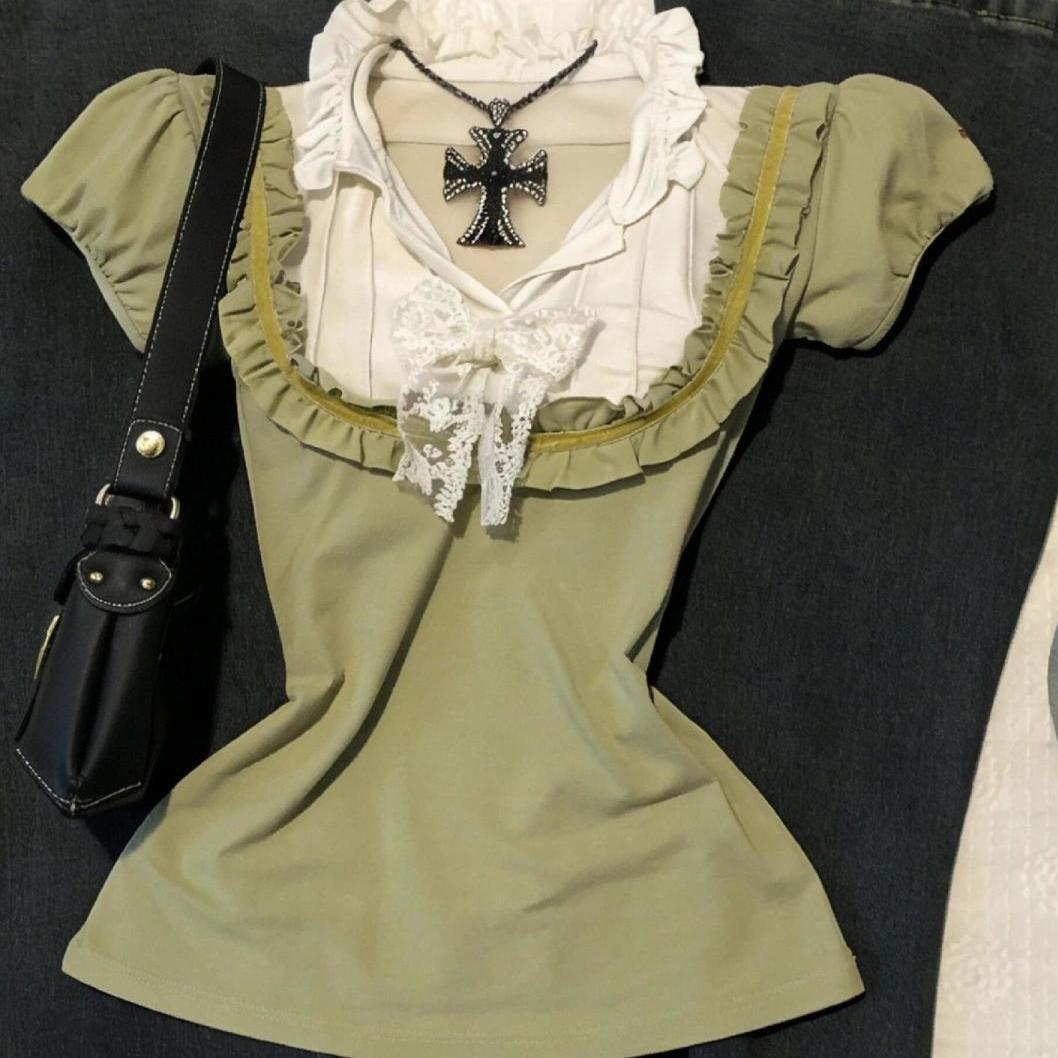 

Винтажный топ Y2K с зеленым кружевным бантом, облегающий, пэчворк, с короткими рукавами Large