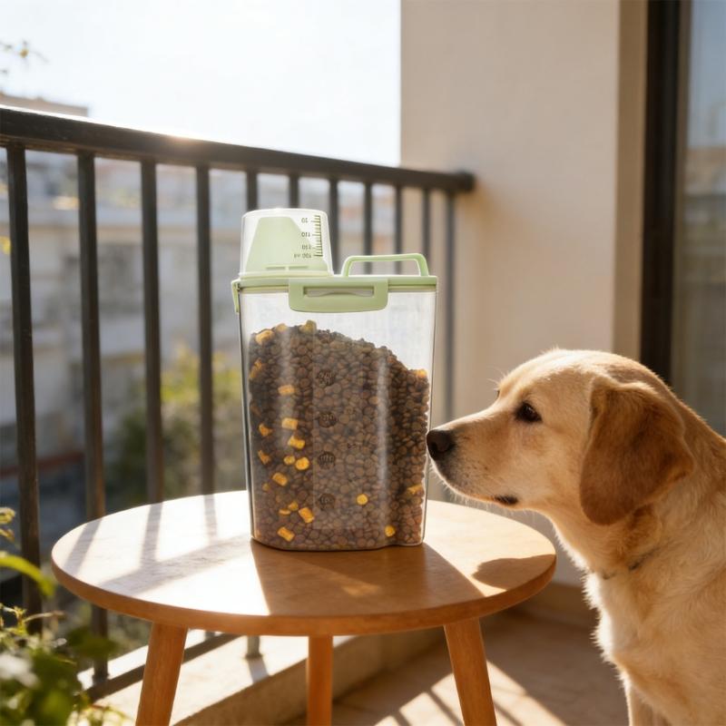 Transparent Plastic Pet Food Storage Box With Measuring Cup And Secure Handles Great For Travel and Home Indoor Use