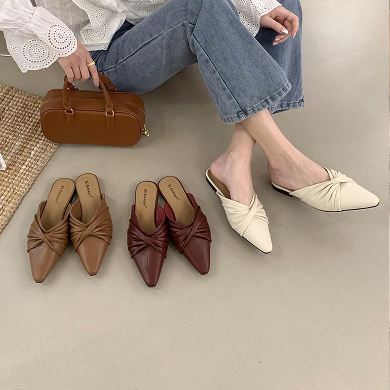 Fashion Summer Women Slipper Ladies Pointed Toe Slip On Casual Mules Shoes Flat Heel Outdoor Dress Sandals 2025 New Arrivals De Mujer