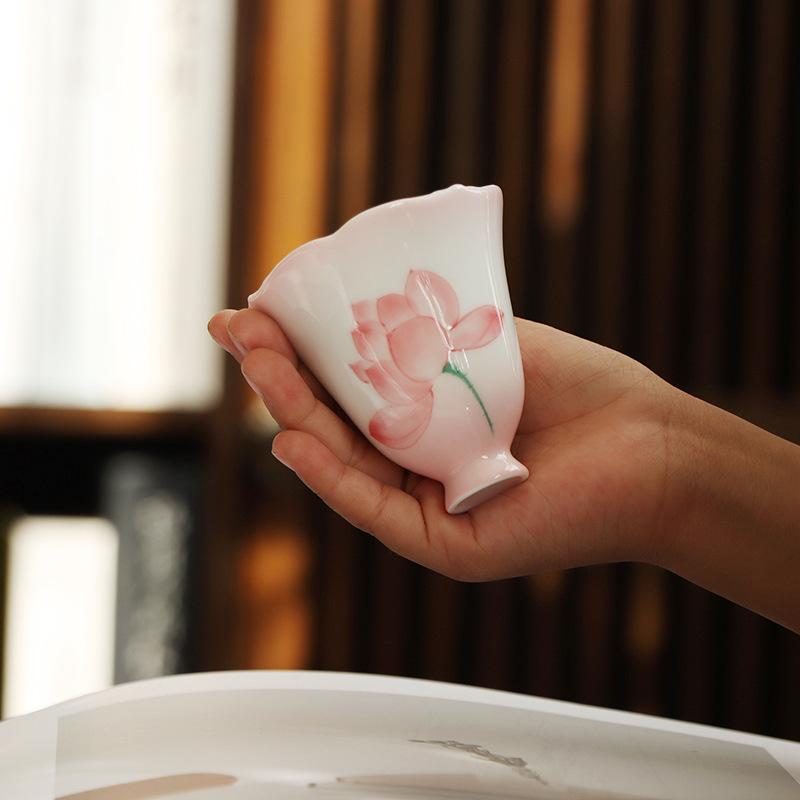 Pink Hand Painted Lotus Ceramic High Stem Tea Cup with Flared Rim Zen Design for Gongfu Tea Ceremony Floral Sipping Cup