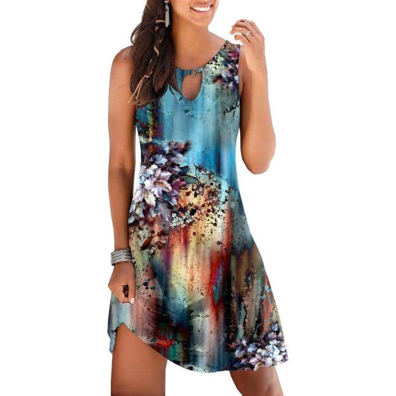 Spring Casual Style Japan and South Korea Casual Women's Printed Round Neck Big Swing Dress