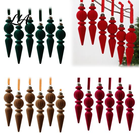 Retro Icicle Hanging Decorations 6Pcs Christmas Flocked Pendant with Lanyard, Creative Tree Hanging, French Vintage Style Baubles Shape Ornaments for