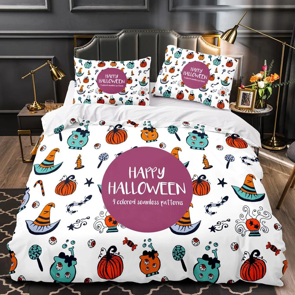 3D Print Halloween Bedding Set, Halloween Cartoon Jack O' Lantern Tombstone Skulls And Bones 2-3Pcs Polyester Duvet Cover Set