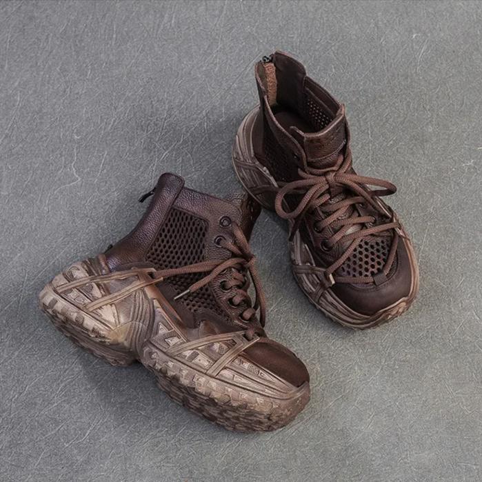 Johnature Vintage Genuine Leather Splicing Mesh Breathable Hollow-out Boots Women's Platform Shoes