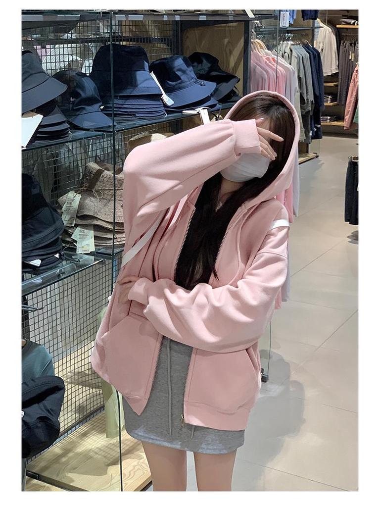 2025 Nová růžová mikina s kapucí a kardigan v korejském stylu pro ženy - Lehká, volný střih pro raný podzim/jaro