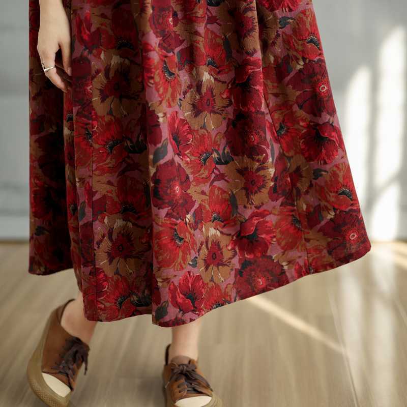 New Vintage Cotton-Linen Printed Round-neck Long-sleeved Dress for Women - Loose Fit Large Size for Slimming - Patched A-line Skirt for Women