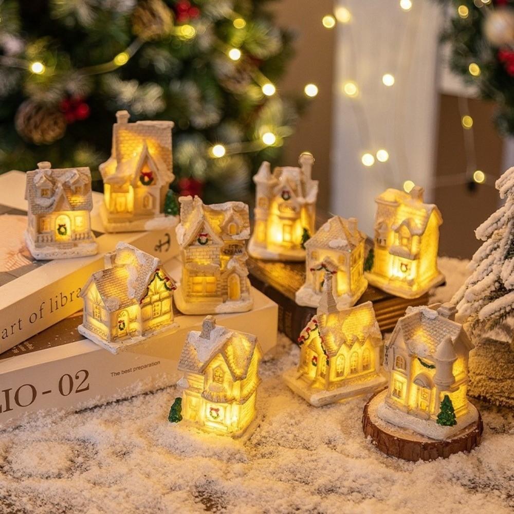 Battery Powered Snow House Figurine Resin Christmas Night Light Bedroom Night Light